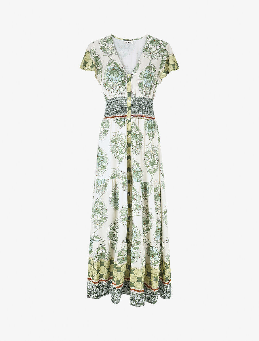 Robe longue à manches volantées imprimé fleuri - Vert - 1