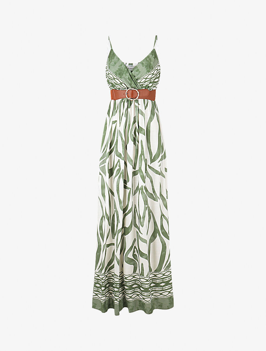 Robe longue imprimé graphique à fines bretelles - Vert - 4
