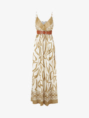 Robe longue imprimé graphique à fines bretelles - Taupe - 1