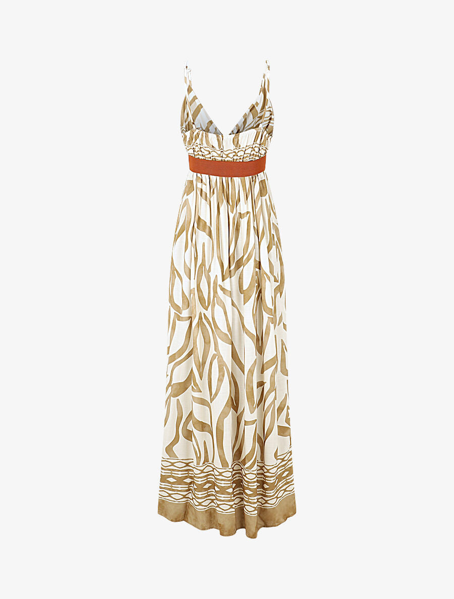 Robe longue imprimé graphique à fines bretelles - Taupe - 2