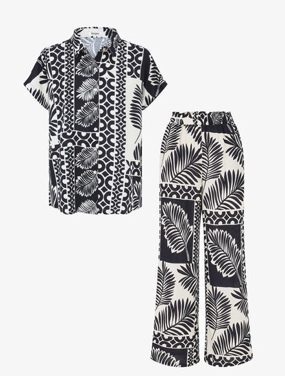 Ensemble chemise et pantalon imprimé tropical - Marine - 2