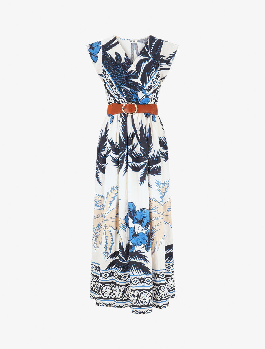 Robe longue à imprimé tropical et mosaïque - Marine - 1