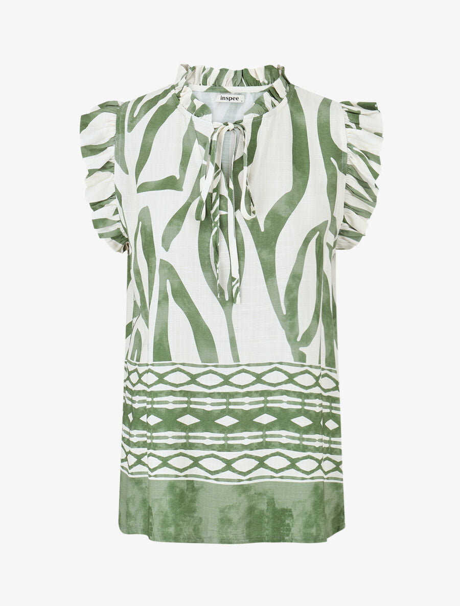 Top imprimé graphique à épaules volantées - Vert - 1