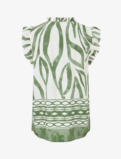 Top imprimé graphique à épaules volantées - Vert - 2
