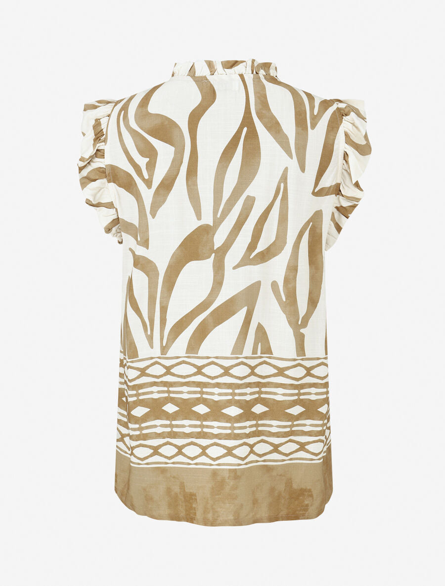 Top imprimé graphique à épaules volantées - Taupe - 2