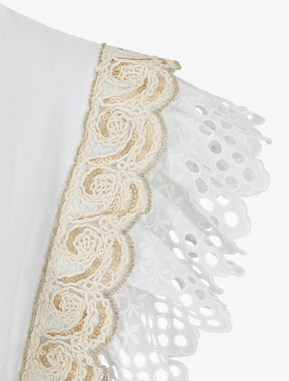 Top en coton à mancherons en dentelle - Blanc - 3