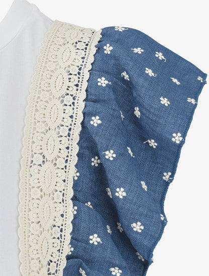 Top en coton à mancherons volantés à fleurs - Blanc/bleu - 3