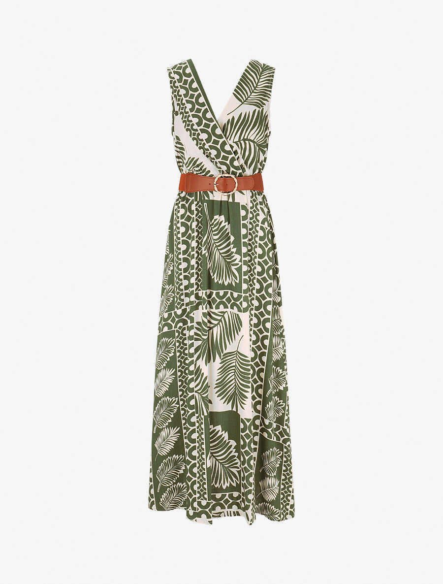 Robe longue sans manches feuilles graphiques - Kaki - 1