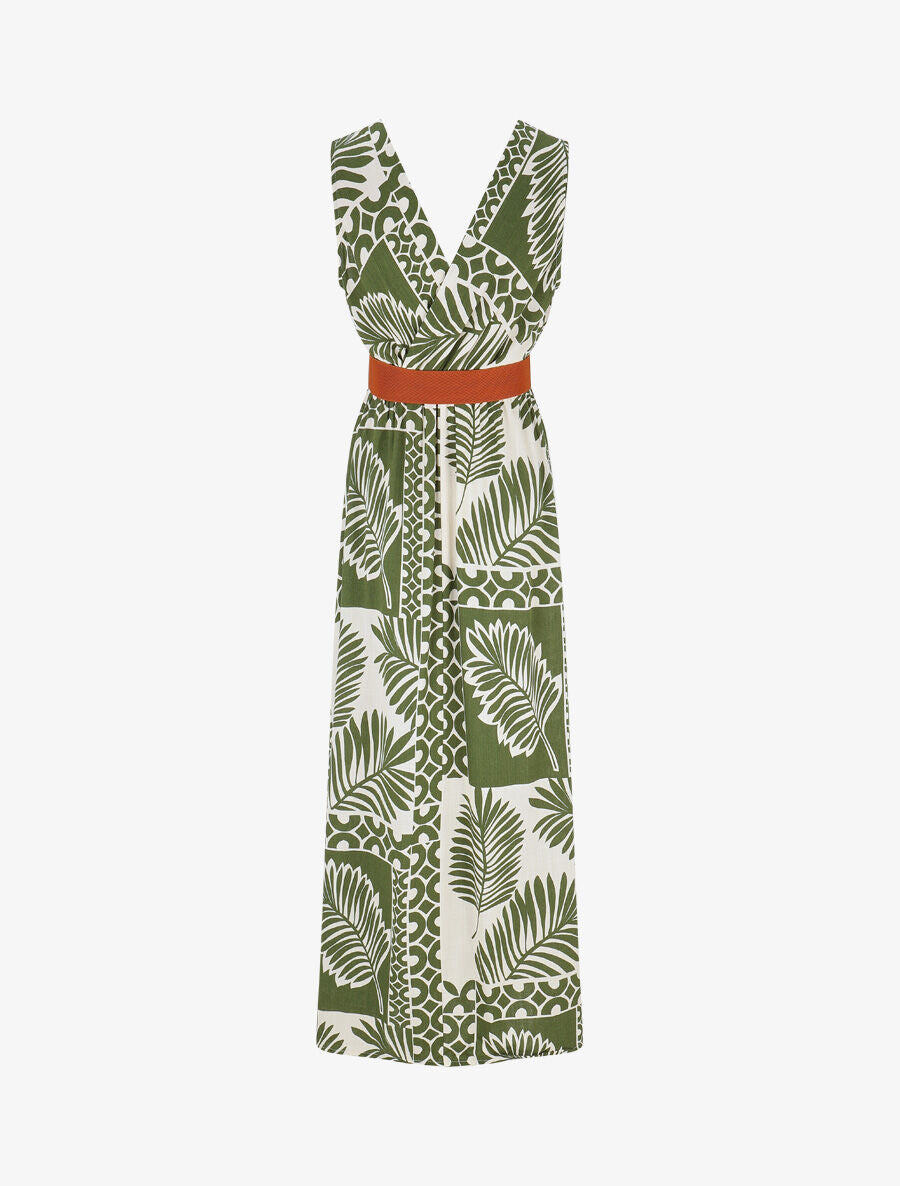 Robe longue sans manches feuilles graphiques - Kaki - 2