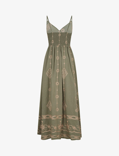 Robe longue à fines bretelles et broderies irisées - Kaki - 2