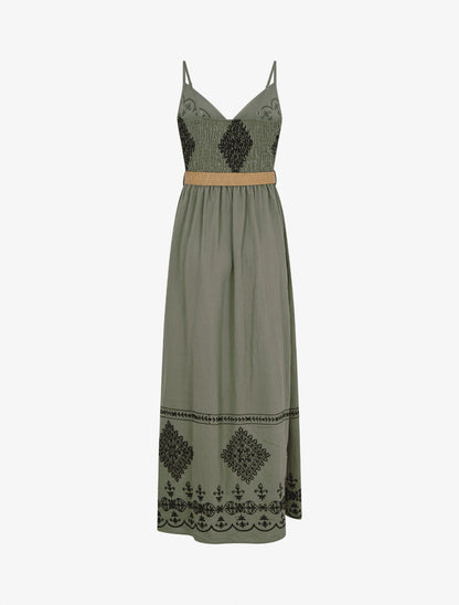 Robe longue à fines bretelles et broderies - Kaki - 2