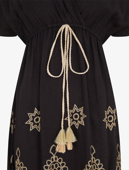 Robe longue empire à manches courtes et broderies - Noir - 3