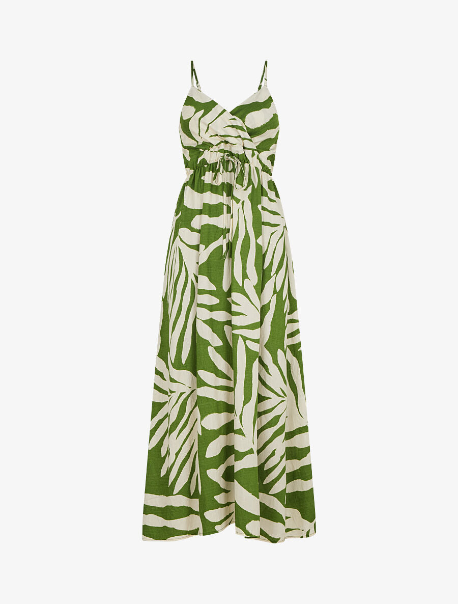 Robe longue à fines bretelles imprimé feuillage - Vert - 1