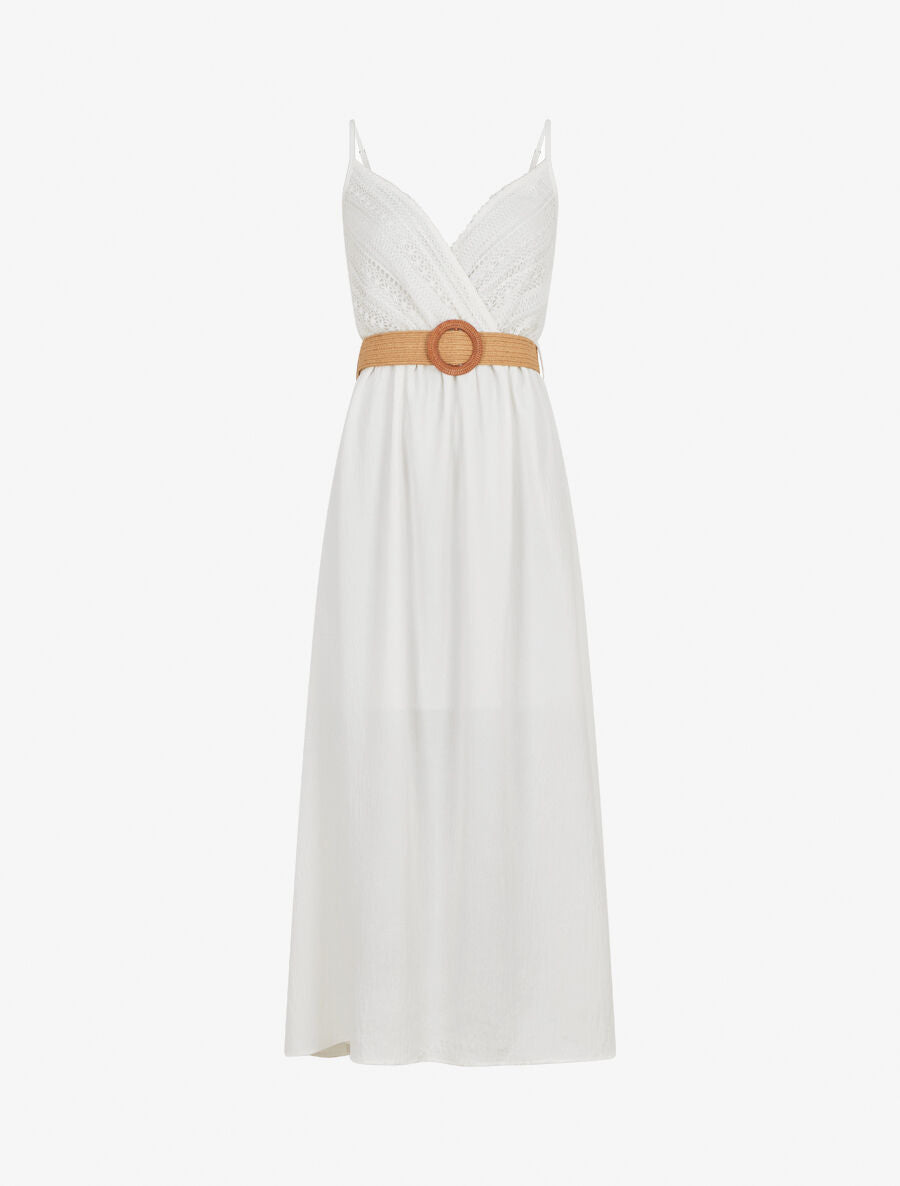 Robe longue à bretelles et décolleté en crochet - Blanc - 4