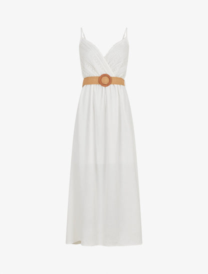 Robe longue à bretelles et décolleté en crochet - Blanc - 4