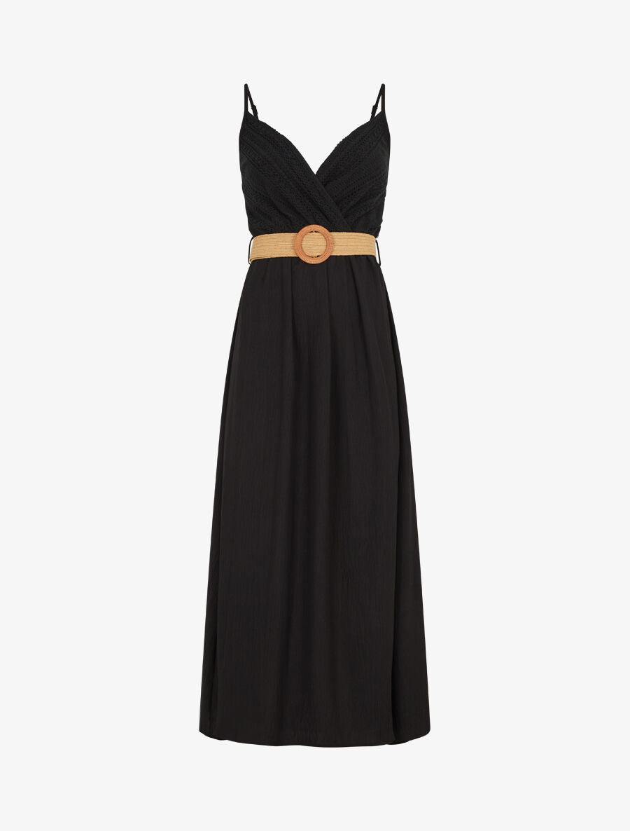 Robe longue à bretelles et décolleté en crochet - Noir - 1