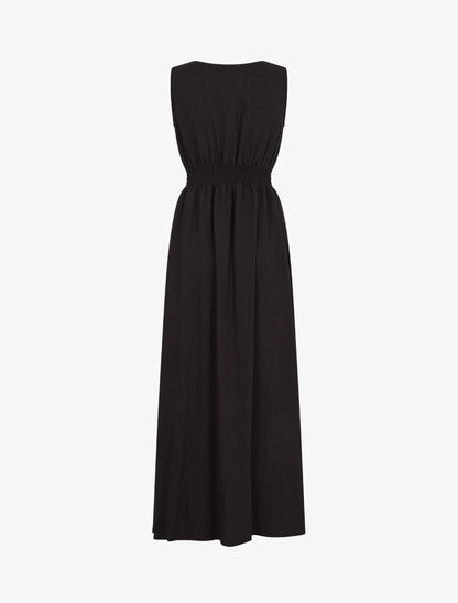 Robe longue sans manches unie col à pompons - Noir - 2