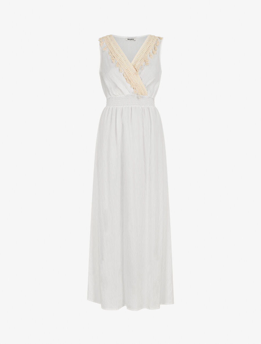Robe longue sans manches unie col à pompons - Blanc - 1