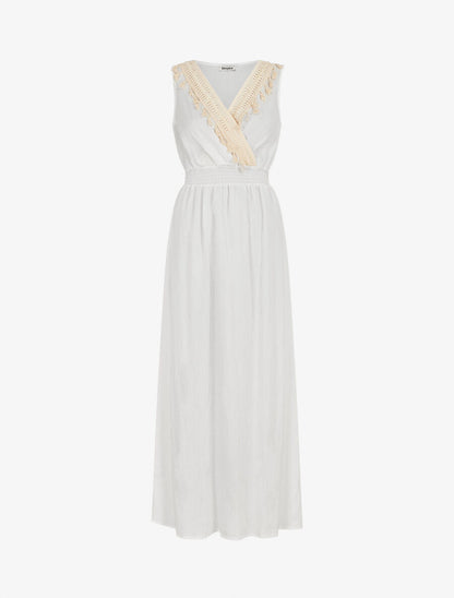Robe longue sans manches unie col à pompons - Blanc - 1