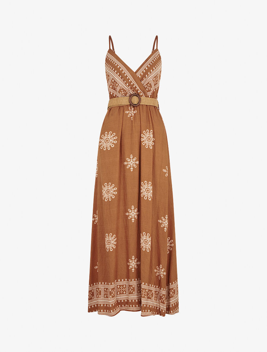 Robe longue à fines bretelles à motif fantaisie - Camel - 1