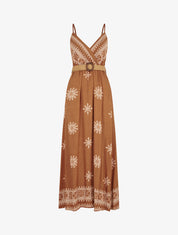 Robe longue à fines bretelles à motif fantaisie - Camel - 1
