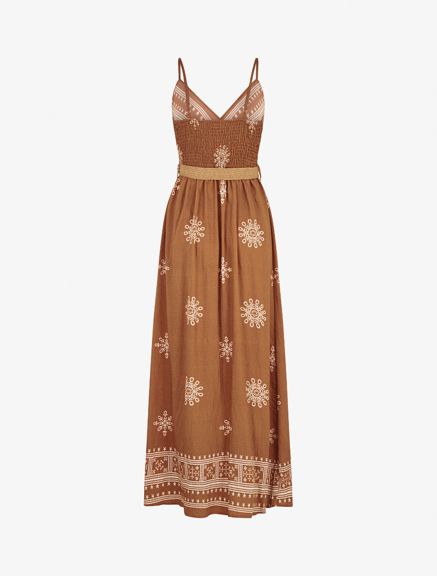 Robe longue à fines bretelles à motif fantaisie - Camel - 2