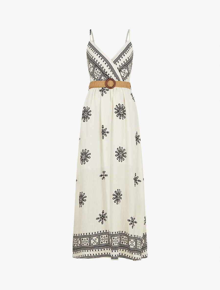 Robe longue à fines bretelles à motif fantaisie - Blanc - 1