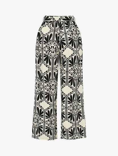Pantalon imprimé ikat à taille haute élastiquée - Noir - 2