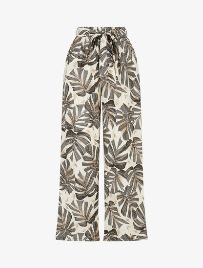 Pantalon imprimé feuilles à taille haute élastiquée - Gris - 4