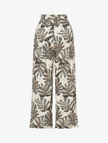 Pantalon imprimé feuilles à taille haute élastiquée - Gris - 2