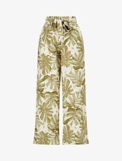 Pantalon imprimé feuilles à taille haute élastiquée - Kaki - 4