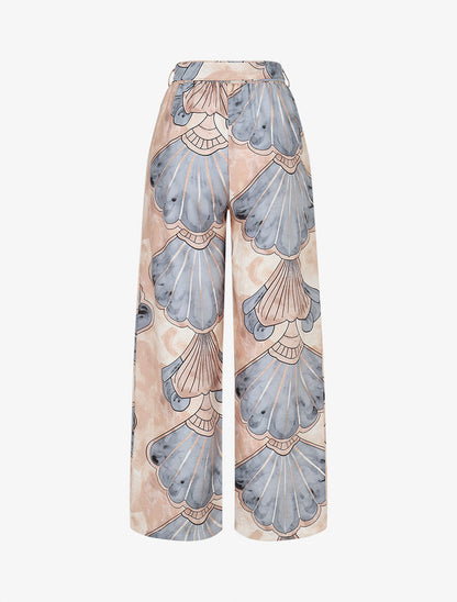 Pantalon imprimé éventails à taille haute élastiquée - Gris - 2