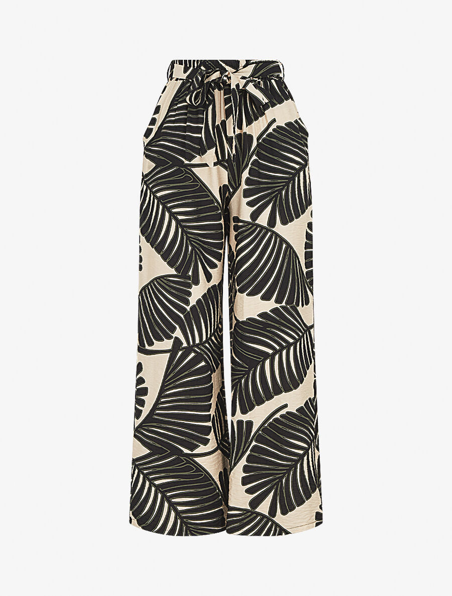 Pantalon imprimé feuillage à taille haute élastiquée - Noir - 4