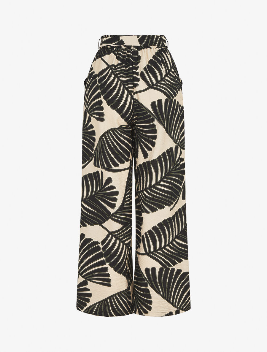 Pantalon imprimé feuillage à taille haute élastiquée - Noir - 2