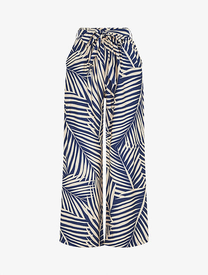 Pantalon imprimé tropical à taille haute élastiquée - Marine - 1
