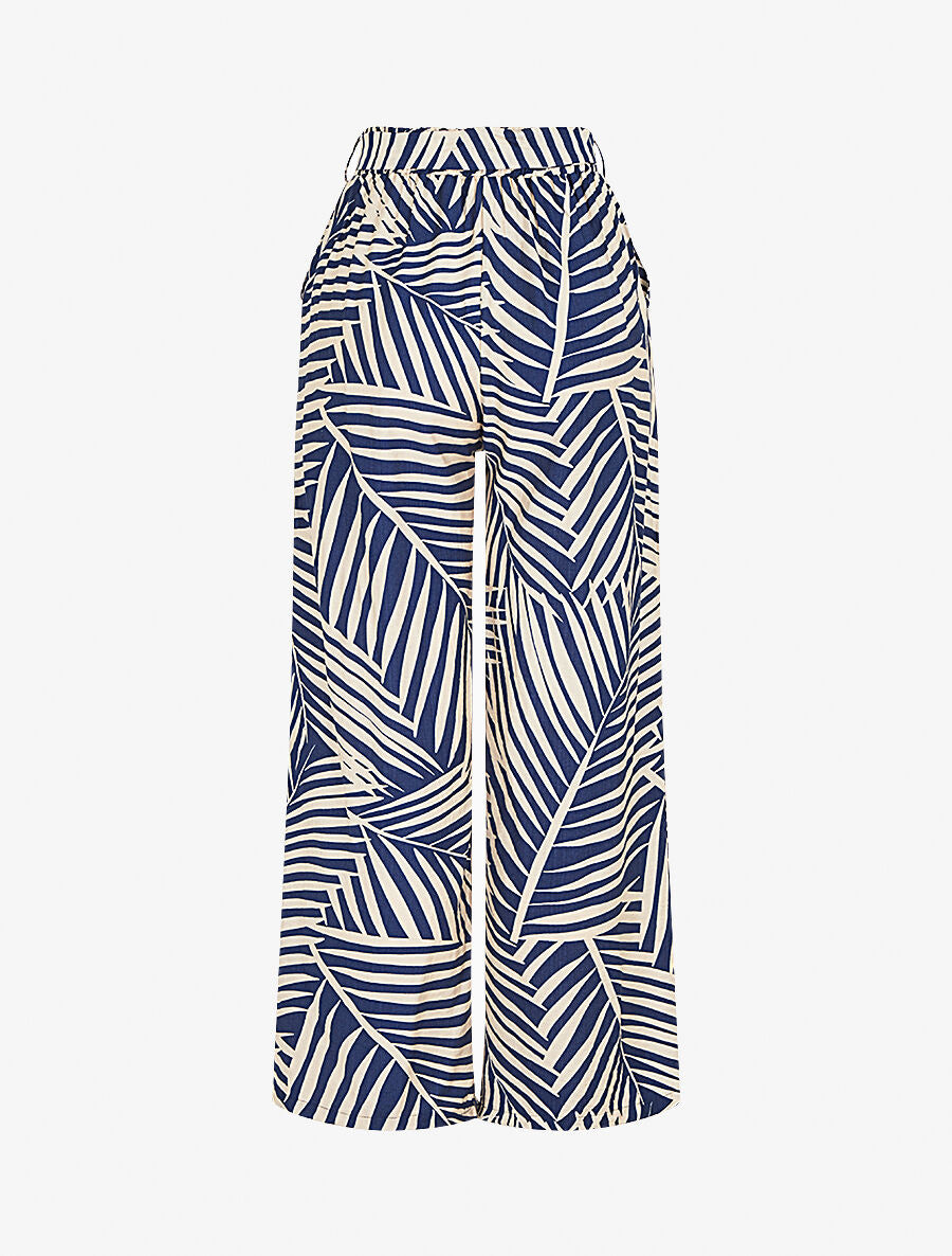 Pantalon imprimé tropical à taille haute élastiquée - Marine - 2
