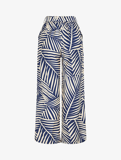 Pantalon imprimé tropical à taille haute élastiquée - Marine - 2
