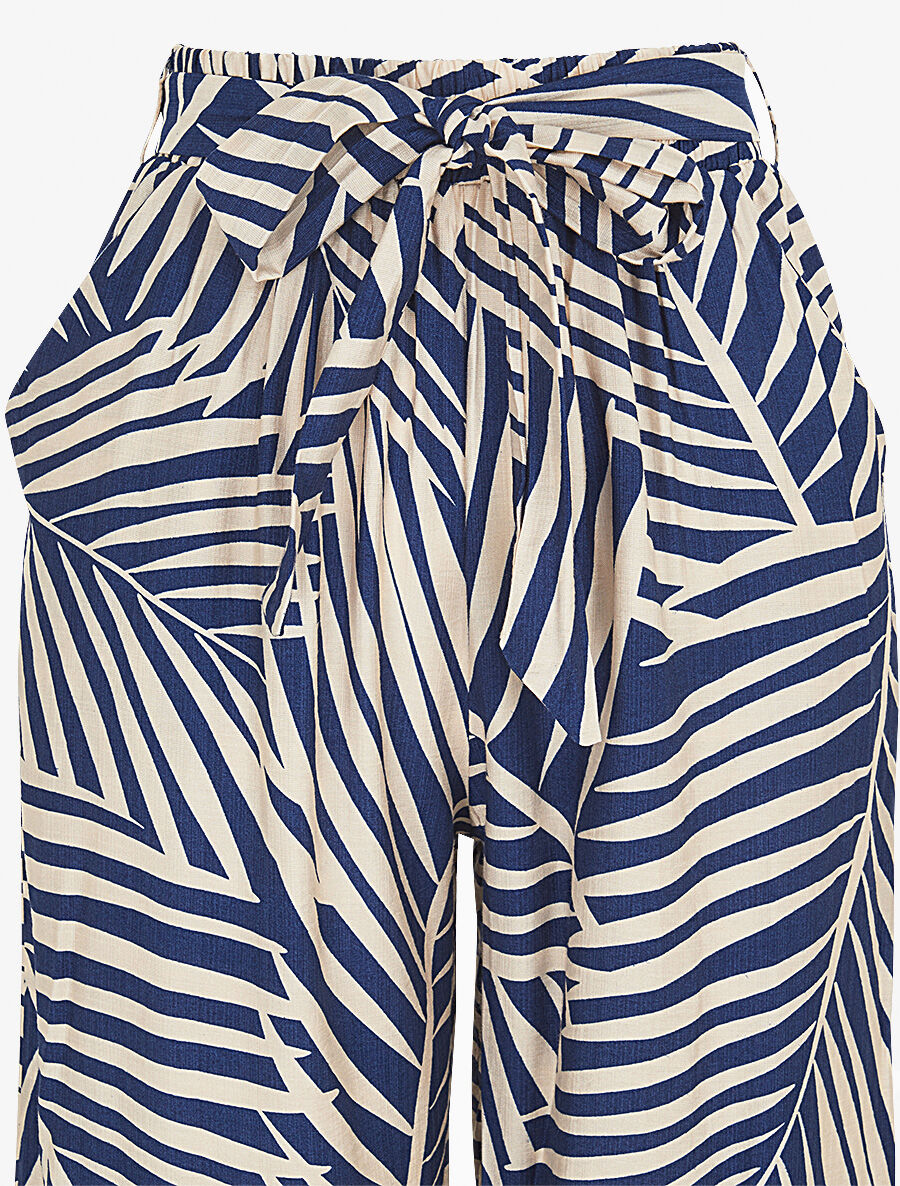 Pantalon imprimé tropical à taille haute élastiquée - Marine - 3