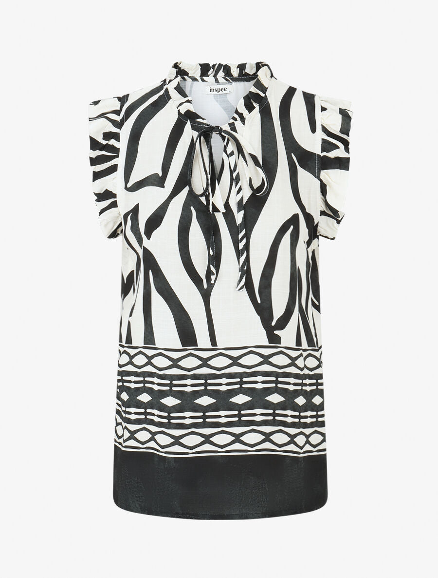 Top imprimé graphique à épaules volantées - Noir - 1