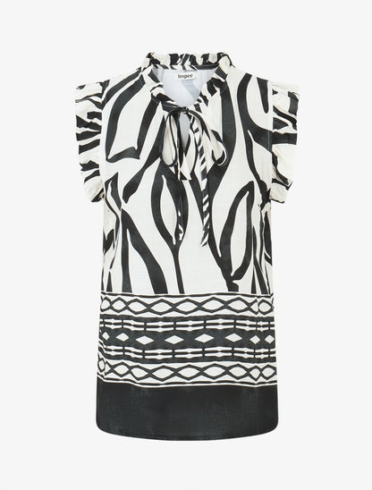 Top imprimé graphique à épaules volantées - Noir - 1