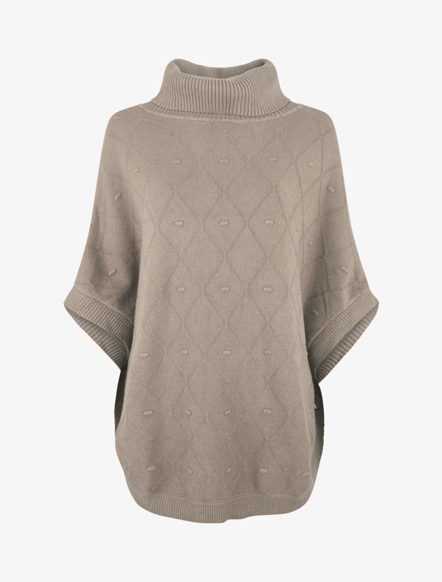 Poncho ample col roulé maille fantaisie - Taupe - 1