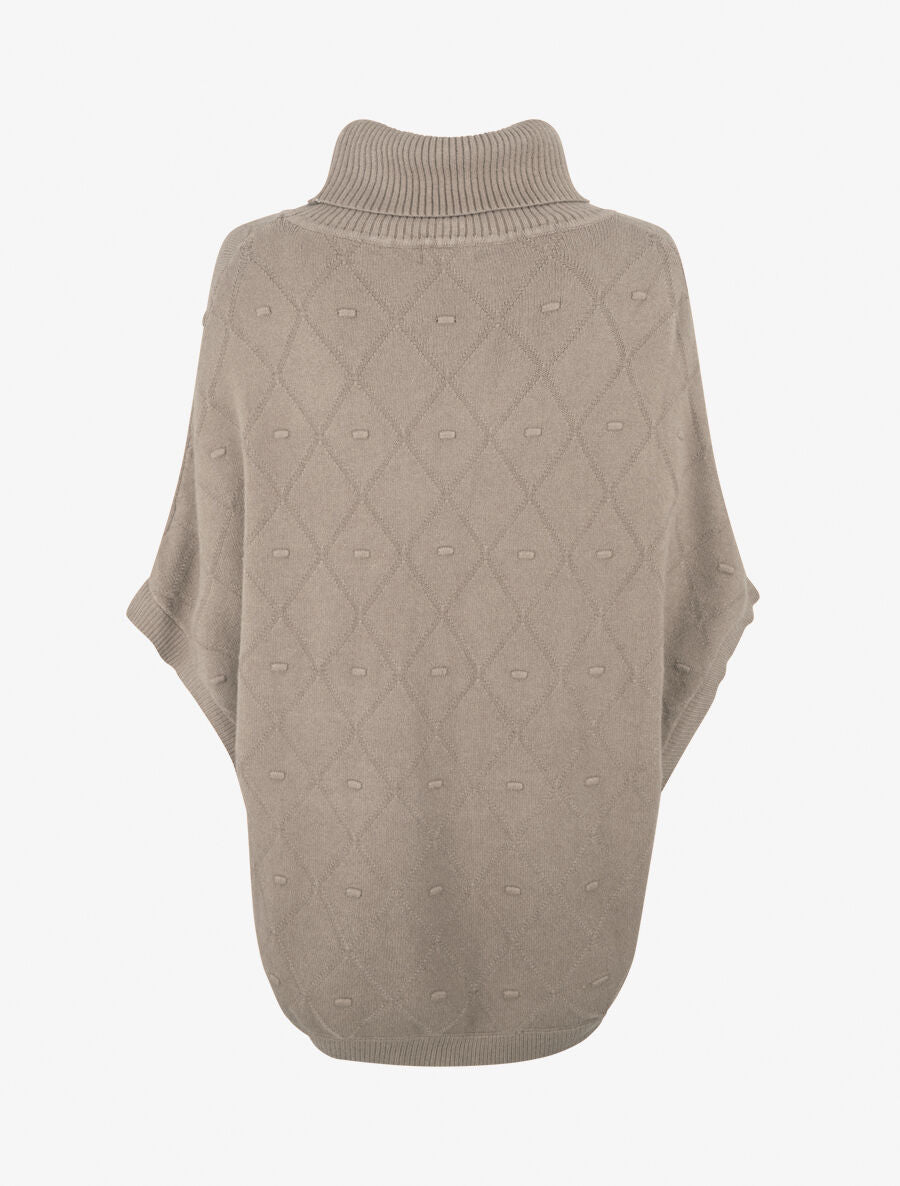 Poncho ample col roulé maille fantaisie - Taupe - 2