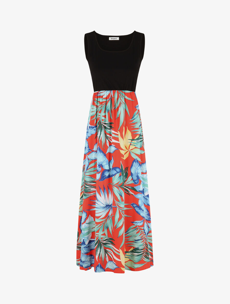 Robe longue sans manches imprimé feuillage - Bleu - 1