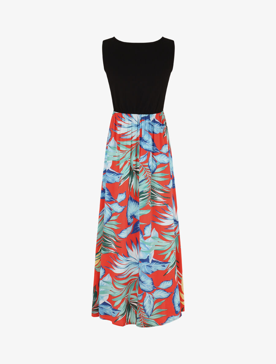 Robe longue sans manches imprimé feuillage - Bleu - 2