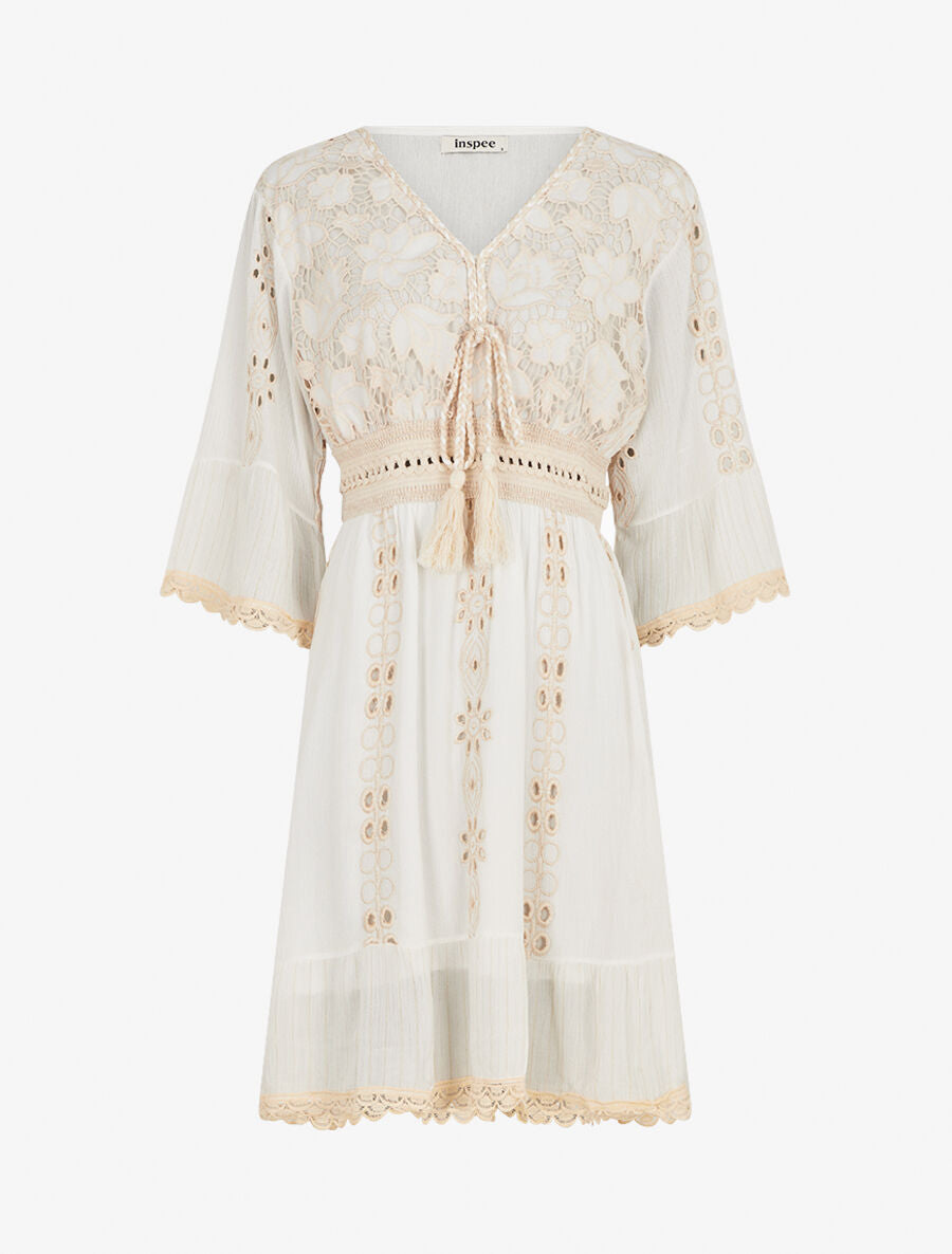 Robe bohème à dentelle fleurie - Blanc/beige - 4
