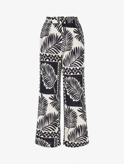 Pantalon droit taille haute imprimé tropical - Marine - 1