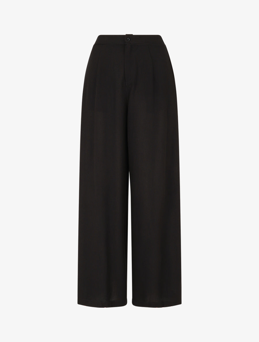 Pantalon uni fluide à taille élastiquée - Noir - 1