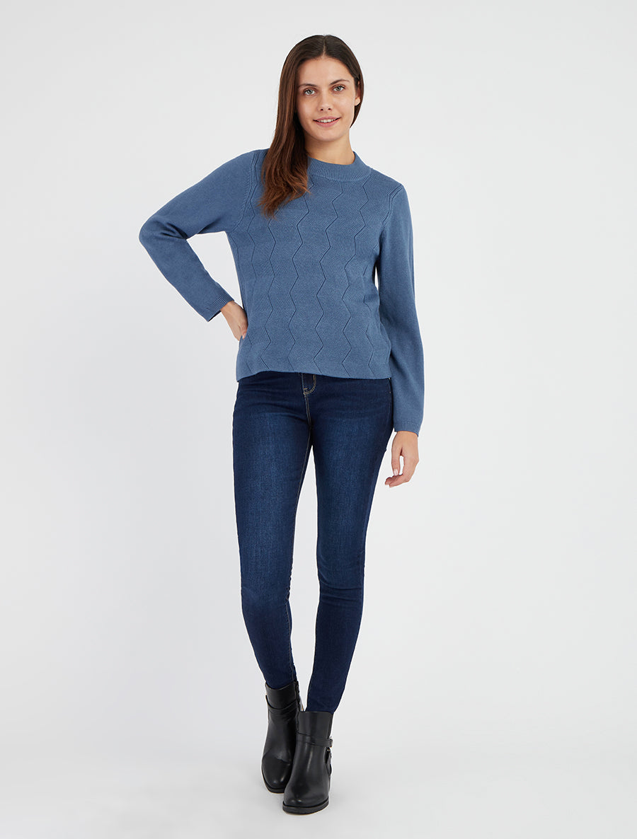 Pull droit à col rond en maille fantaisie - Bleu charrette - 8