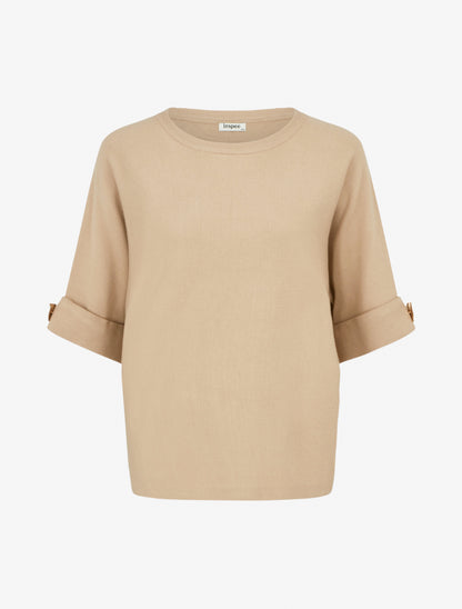 Pull à manches courtes à empiècement bijoux - Beige - 1