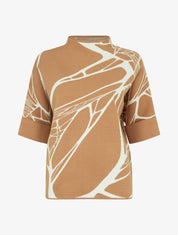 Pull ample graphique à col montant et manches courtes - Camel - 1